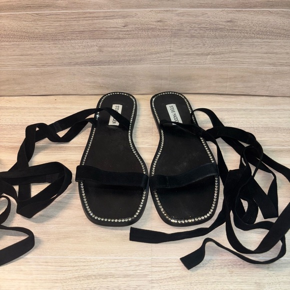 Steve Madden Roza Ankle Tie Flat Sandal with Rhinestone Accents - Picture 2 of 6